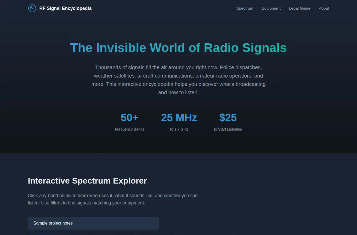 Screenshot of Radio Frequency Signal Encyclopedia interface showing the project page in use